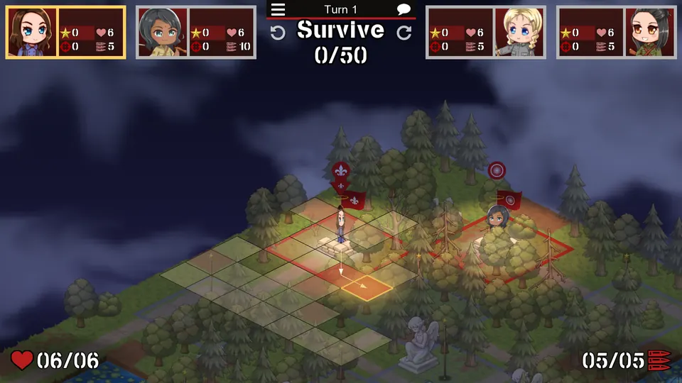A Zombies match at night: four raifus defend a lit farmstead